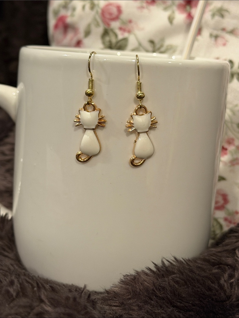 3/$30 • White Enamel Cat Drop Earrings - Gold Tone Accent